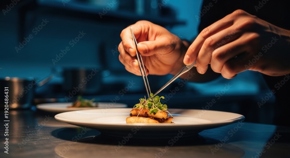 Fototapeta premium Detailed Shot of Chef Hands Placing Tiny Garnish on Gourmet Meal with Tweezers