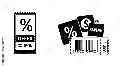 A collection of black card silhouettes depicting coupons percentages and savings offers showcasing a promotional theme silhouette high quality professional detailed