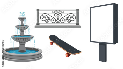 Group of various outdoor objects including a tiered water fountain, a metal fence section, a skateboard, and a blank billboard.