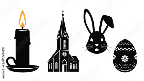 Collection of black silhouettes representing Easter themes including a candle, a church, a rabbit head, and a decorated egg.