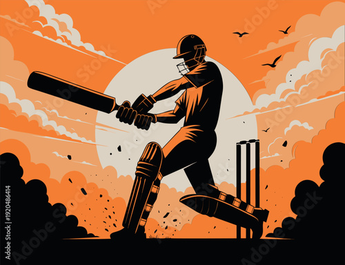 Powerful Silhouette of a Cricket Batsman Hitting a Shot with Sunset Clouds, Stumps, and Birds in Modern Flat Vector Style