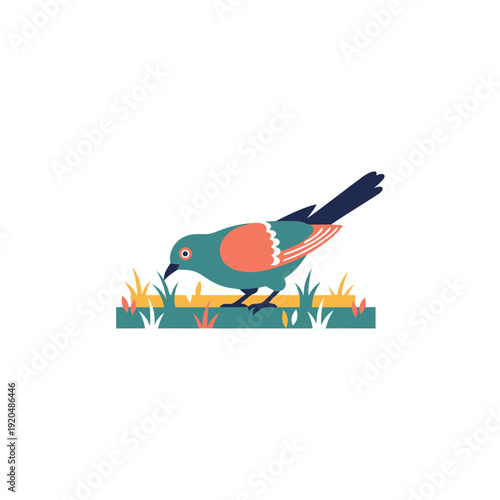 A stylized illustration depicts a small teal and orange bird foraging amongst blades of green grass high quality