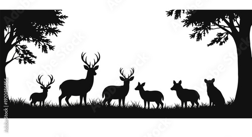 Deer and Wolves Silhouette Illustration.