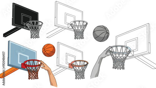 Set of basketball hoops and balls in different styles including line art, silhouettes, and a person performing a slam dunk.