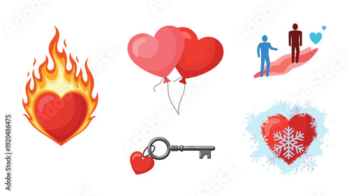 Assorted symbols of love and relationships including a flaming heart, balloons, a key with a heart, and people walking away.