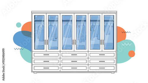 Sleek modern wardrobe cabinet with glass doors showing hanging clothes and multiple drawers below for home organization.