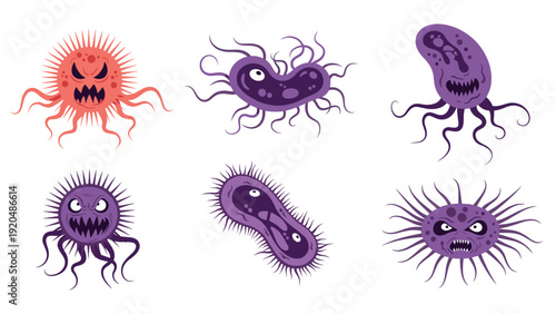 Colorful collection of six different angry-looking cartoon virus and bacteria characters with tentacles and spikes.