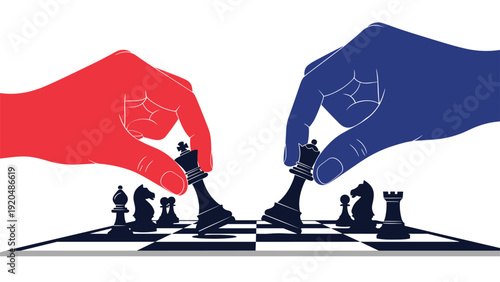Detailed illustration of two hands moving chess pieces on a board with the red hand and blue hand representing a strategic battle.