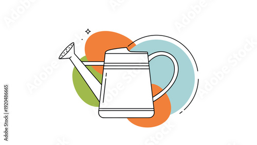 Simple outline illustration of a classic garden watering can set against colorful abstract circle shapes on a white background.