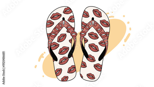 Stylish summer flip flops or sandals featuring a white surface covered with a repeating pattern of red lip prints or kisses.