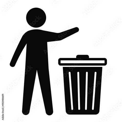 Black silhouette icon showing a person disposing of waste in a trash can with an open lid. Professional graphic for sanitation and housekeeping.
