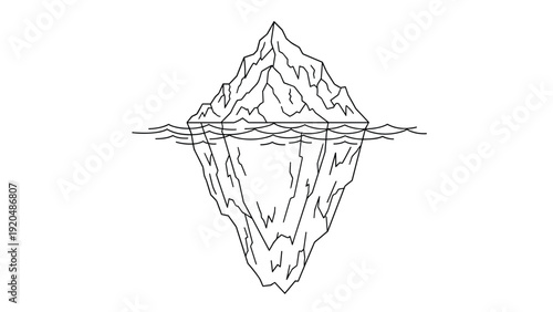 Simple line drawing of an iceberg floating in the ocean shows the significant portion hidden beneath the surface of the water.