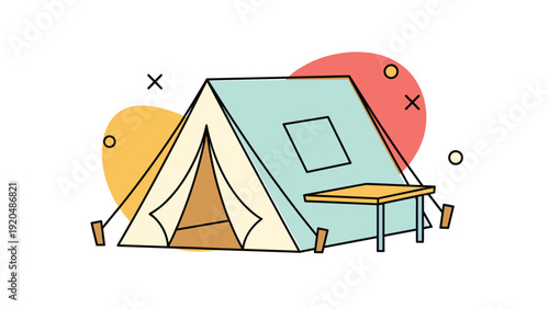 Colorful illustration of a camping tent with a wooden table outside is decorated with abstract shapes and playful graphic elements.