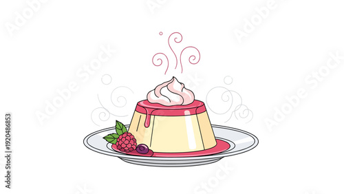 Delicious caramel flan pudding topped with whipped cream and a raspberry is presented on a plate with elegant steam swirls.