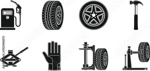Automotive service icons set, car repair tools silhouette collection, tire wheel jack hammer fuel pump glove equipment symbols isolated on white background