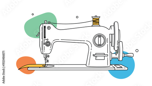 Classic vintage sewing machine is depicted in a clean line art style with colorful abstract circles in the background for contrast.