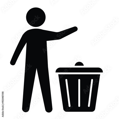 Black silhouette icon showing a person disposing of waste in a trash can with an open lid. Professional graphic for sanitation and housekeeping.