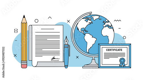 Educational icons including a pencil, paper document, fountain pen, globe, and framed certificate represent learning and academic success.