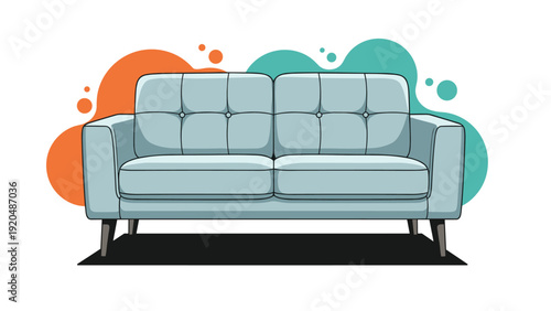 Comfortable light blue sofa is positioned against a background of orange and teal abstract circles in this modern furniture illustration.