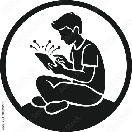 Unique contemporary silhouette illustration of a young student focused on a digital tablet
