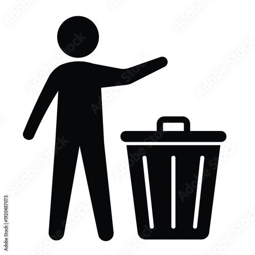 Black silhouette icon showing a person disposing of waste in a trash can with an open lid. Professional graphic for sanitation and housekeeping.