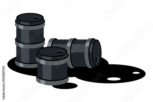 Oil barrels with spilled crude oil. Vector illustration isolated on white background