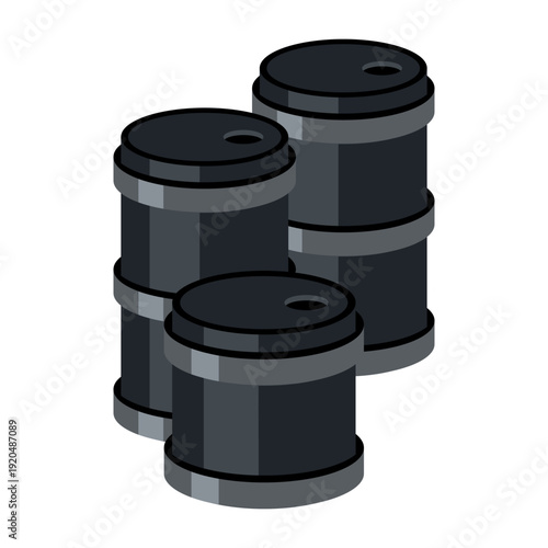 Group of black oil barrels. Vector illustration of crude oil drums isolated on white background