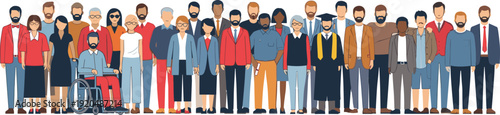 Large group of diverse people community and inclusion concept with wheelchair user and graduate flat vector illustration isolated on white