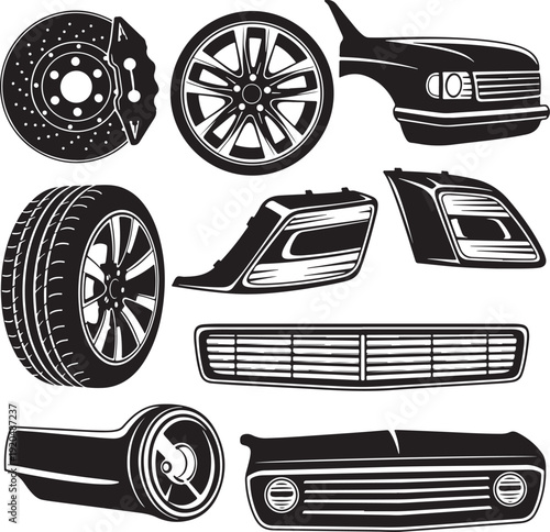 Classic Car Parts Vector Set with Wheels Headlights Grille and Tires in Line Art Style