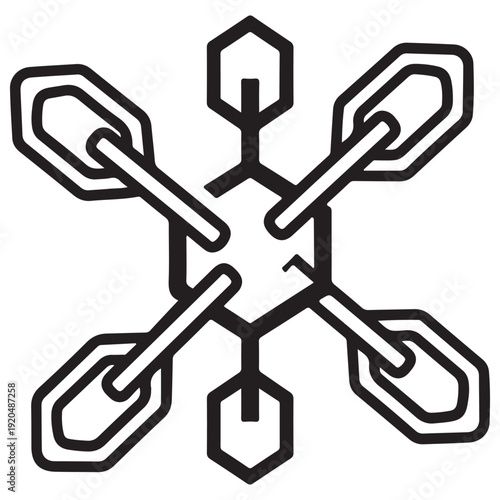 Blockchain network icon with chain links and hexagonal nodes representing decentralized data distribution and secure digital connectivity for fintech and cryptocurrency web design.