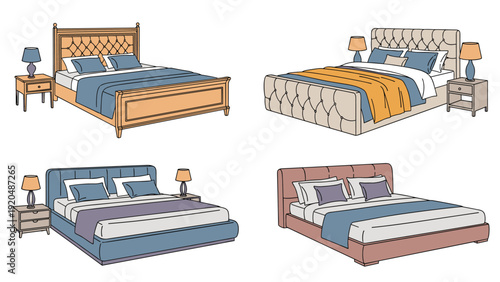 Four different modern double bed designs are shown with matching nightstands and lamps in various colors and upholstery styles.