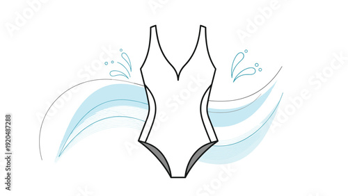 Simple line drawing of a one piece swimsuit with cut out details set against abstract blue waves and splashes.