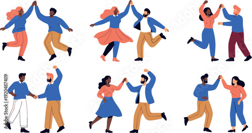 Set of diverse happy couples dancing and giving high-fives celebrating together flat vector illustration isolated on white