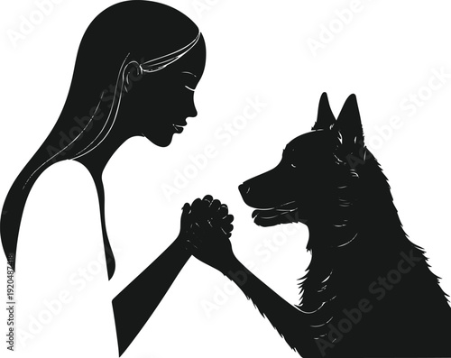 Flat black silhouette of a human and dog paw handshake moment, modern minimalist vector 3