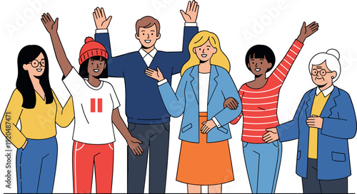Set of diverse happy people characters waving hands and celebrating together flat vector illustration isolated on white