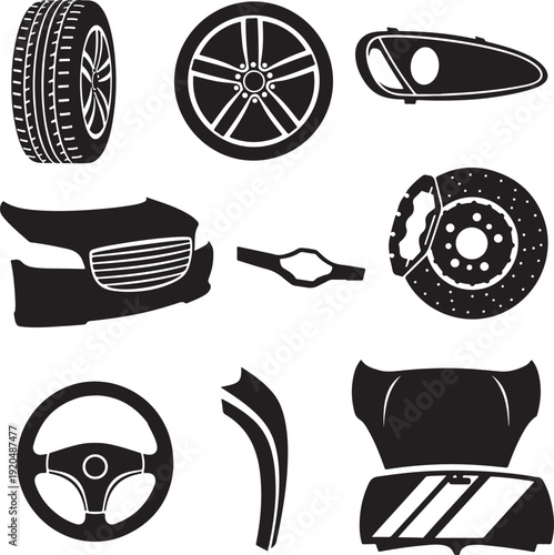 Black Silhouette Car Parts Collection - Auto Accessories Vector Illustrations