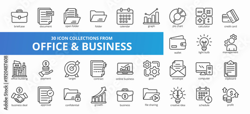 Set of 30 collection of office and business icons suitable for web and mobile application. Set of outline style icons with briefcase, document, open folder, folder, and more icons.