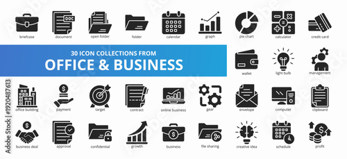 Set of 30 collection of office and business icons suitable for web and mobile application. Set of glyph style icons with briefcase, document, open folder, folder, and more icons.