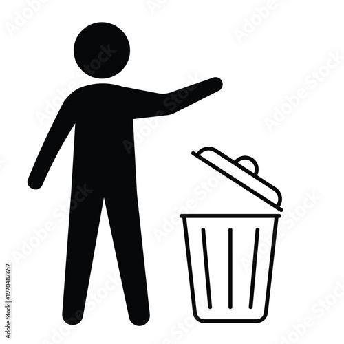Black silhouette icon showing a person disposing of waste in a trash can with an open lid. Professional graphic for sanitation and housekeeping.