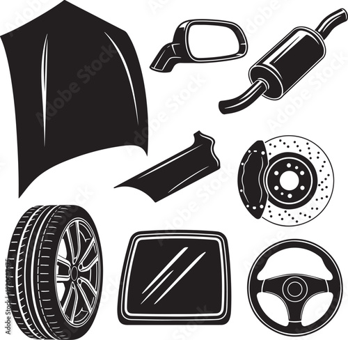 Black and White Car Parts Illustration Set with Various Automotive Components