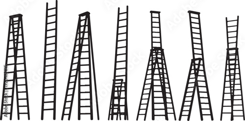 Collection of various ladders in different heights and positions