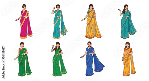 A colorful arrangement of women depicted in traditional saris showcasing vibrant hues and elegant poses silhouette high quality professional detailed modern