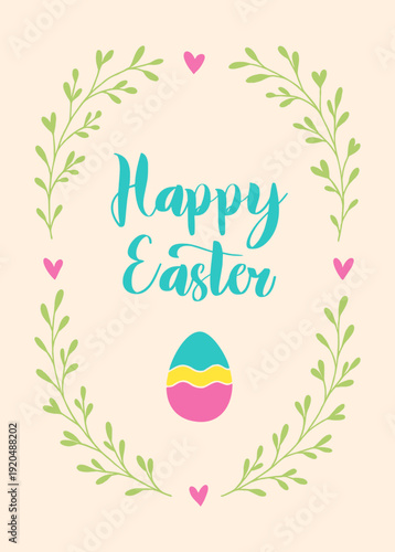 Happy Easter card with painted egg cute frame with leaves and hearts on a beige light background