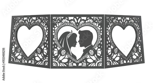Intricate black triptych displays a loving couple in a heart shaped opening a romantic wedding detail silhouette high quality professional detailed modern