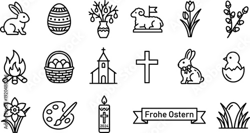 German Easter Ostern Traditions Line Art Icon Set