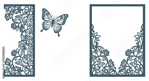 Intricate floral and butterfly laser cut designs on white cards showcasing delicate paper art silhouette high quality professional detailed modern elegant