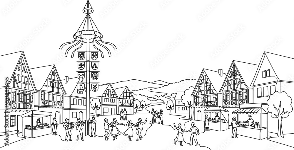 Fototapeta premium German Maypole Maibaum Town Square Monoline Background