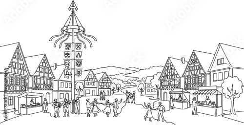 German Maypole Maibaum Town Square Monoline Background