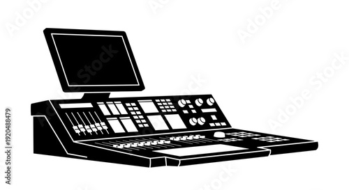 Sound mixing board with monitor.