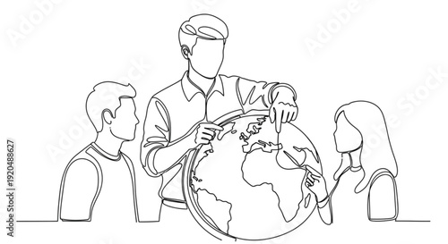 Teacher pointing at globe during geography lesson with students  